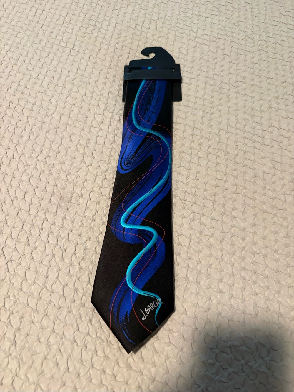J. Garcia Black Tie with Blue and Teal Wave Design